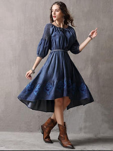 Denim Embroidery Irregular Sleeves Long Tail Dress