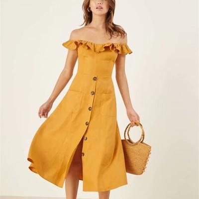 Yellow Off Shoulder Buttons Solid Color Dress