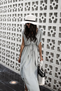 Solid Color V Neck Irregular Maxi Dress