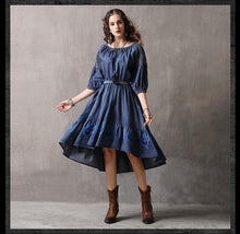 Load image into Gallery viewer, Denim Embroidery Irregular Sleeves Long Tail Dress