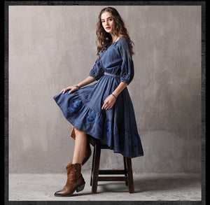 Denim Embroidery Irregular Sleeves Long Tail Dress