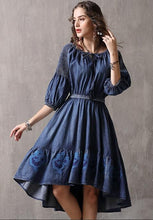 Load image into Gallery viewer, Denim Embroidery Irregular Sleeves Long Tail Dress