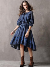 Load image into Gallery viewer, Denim Embroidery Irregular Sleeves Long Tail Dress