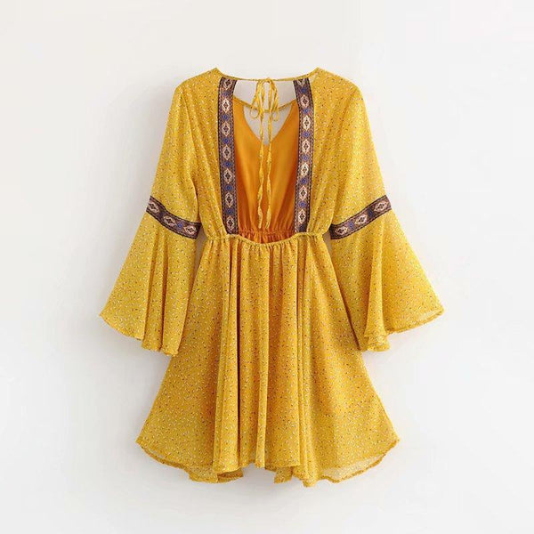 Yellow Backless Bohemia Beach Mini Dress