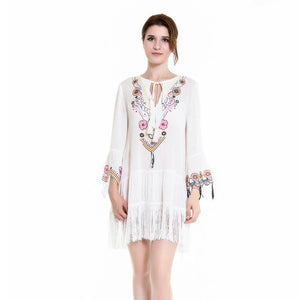 Embroidered Long Sleeve Tassel Beach Mini Dress