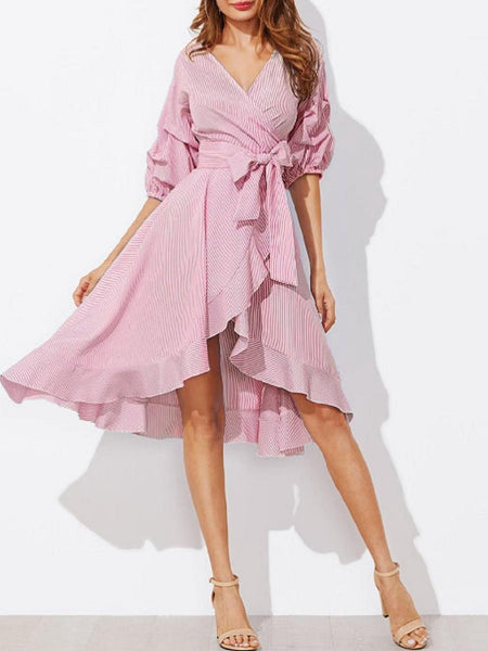 Gathering Sleeves White Pinstripes Belts Ruffles Irregular Large Dress