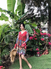 Load image into Gallery viewer, Boho Floral Printed Flare Long Sleeve Drawstring Waist Mini Dress