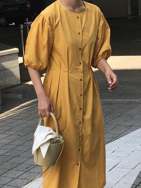 Single-Breasted Lantern Sleeves Round Neck Waist Dress