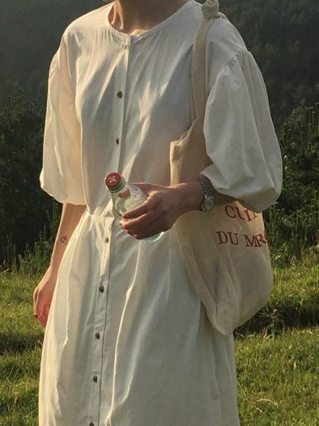 Single-Breasted Lantern Sleeves Round Neck Waist Dress