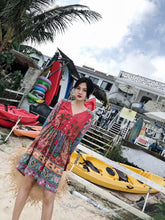 Load image into Gallery viewer, Boho Floral Printed Flare Long Sleeve Drawstring Waist Mini Dress