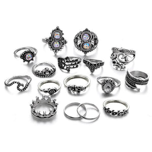 Heart-Shaped Flower Large Gemstone Crown Vintage Carved 16-Piece Set Ring