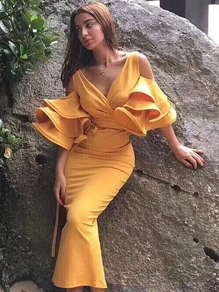 V-Neck Multi-Layer Falbala Sleeves Zipper Back Midi Dress