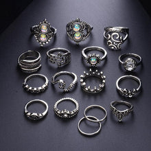 Load image into Gallery viewer, Heart-Shaped Flower Large Gemstone Crown Vintage Carved 16-Piece Set Ring