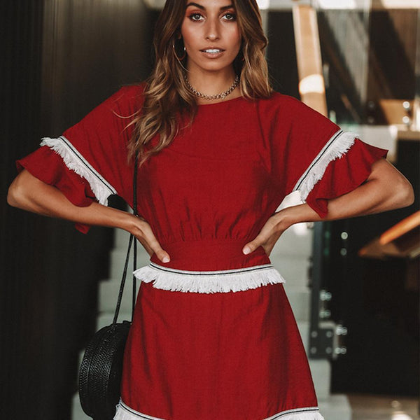Tassel Split-joint Solid Color Mini Dress