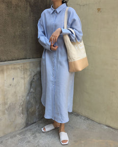 Lazy style shirt-style over-the-knee long-sleeved dress