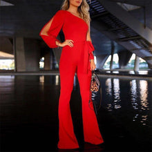Load image into Gallery viewer, Solid Color One Shoulder Belted Jumpsuit Romper