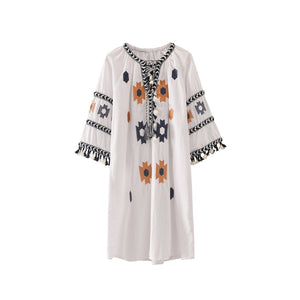 Vintage Ethnic Style V-Neck Tassel Snowflake Embroidered Dress