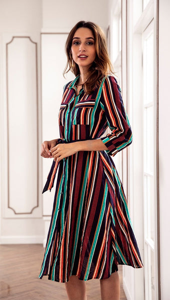 2018 Colorful Stripe Belted Casual Midi Dress