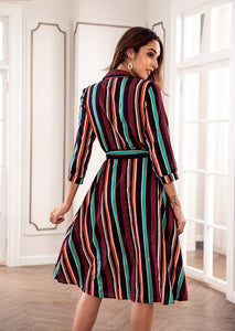 2018 Colorful Stripe Belted Casual Midi Dress