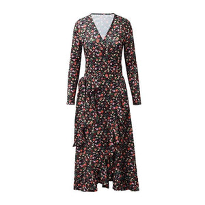 Spring And Summer V-Neck Small Floral Print Wrap Long-Sleeved Dress