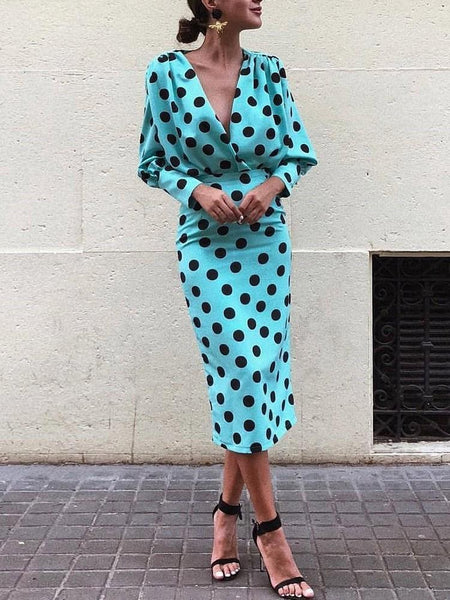 Polka Dot V Neck Long Sleeve Maxi Dress