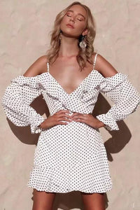 Sexy Deep V-neck Ruffled Sling Strapless Wave Print Dress