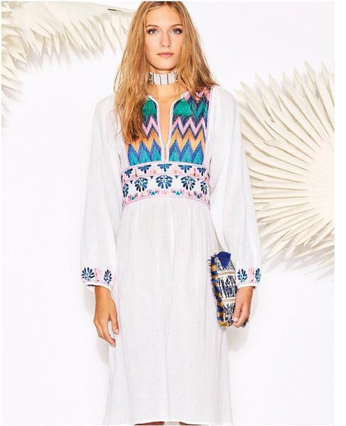 White Embroidered Long Sleeve Dress