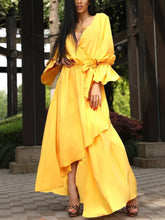 Load image into Gallery viewer, Yellow V Neck Long Sleeve Irregular Maxi Dress