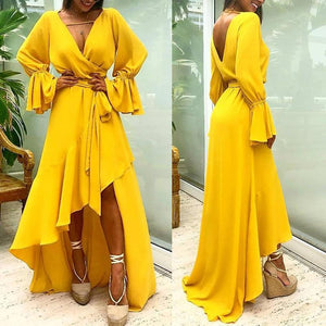 Yellow V Neck Long Sleeve Irregular Maxi Dress