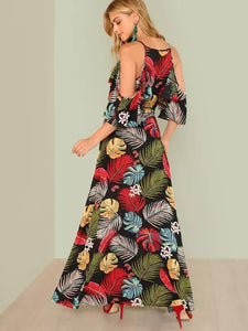 Bohemia V-Neck Off-the-shoulder Printed Maxi Dress