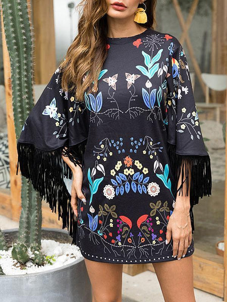 Tassels Round Neck Floral Batwing Sleeves Midi Dress