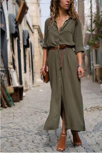 Solid Color Long Sleeve Button Belted Shirt Dress