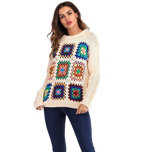 Boho Handmade Square Pattern Knit Stiching Sweater