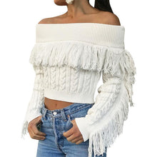 Load image into Gallery viewer, Tassel White Knitted Long Sleeve Sexy Pullover Short Sweater