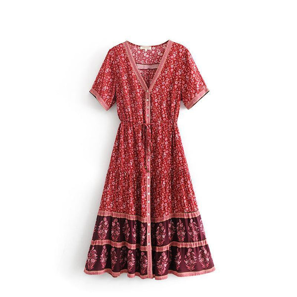 Print V Neck Short Sleeve Bohemia Dress
