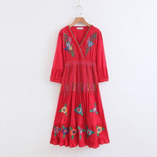 Load image into Gallery viewer, Boho Gypsy Floral Embroidery V Neck Maxi Dress