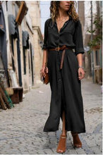 Load image into Gallery viewer, Solid Color Long Sleeve Button Belted Shirt Dress
