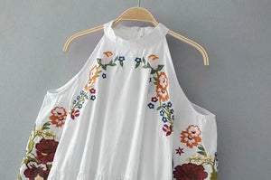 Vacation Round Neck Strapless Flower Embroidered Dress