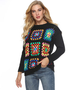 Boho Handmade Square Pattern Knit Stiching Sweater