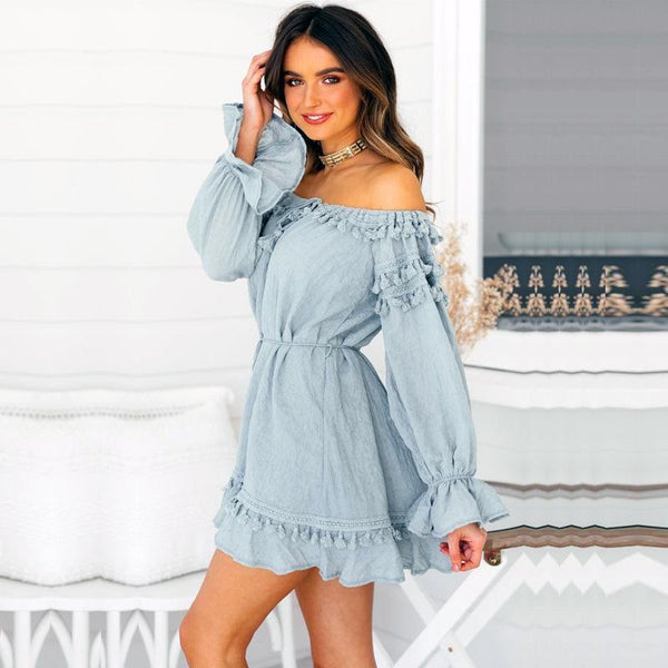 Off Shoulder Long Sleeve Tassel Mini Dress