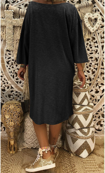 Solid Color V Neck Loose Casual Dress