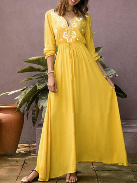 V-neck Long Sleeve Irregular Floral Maxi Dress