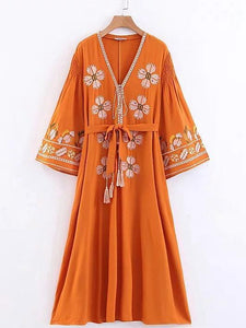 Bohemia Style V-neck tassel embroidered slim dress