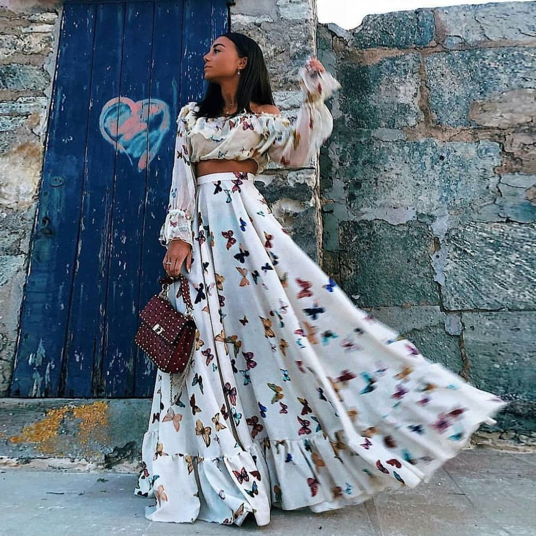 Butterfly Print Off Shoulder Long Sleeve Maxi Dress 2 Pieces Set