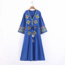 Load image into Gallery viewer, Boho Tassels Floral Embroidery V-neck Loose Long Dress