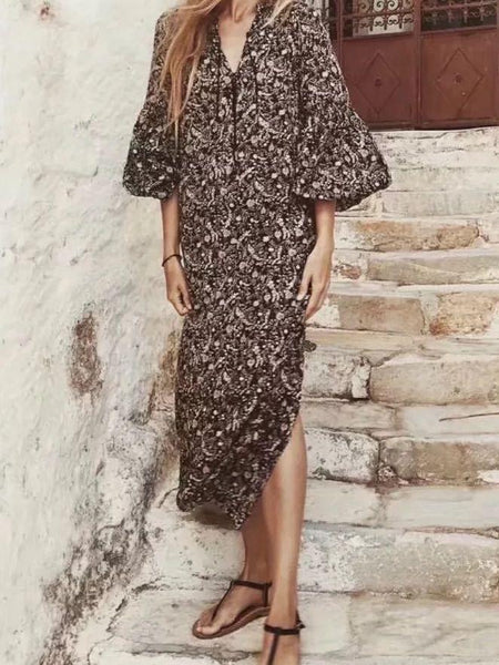 Bohemian ethnic style V-neck large swing dress cotton print retro dress