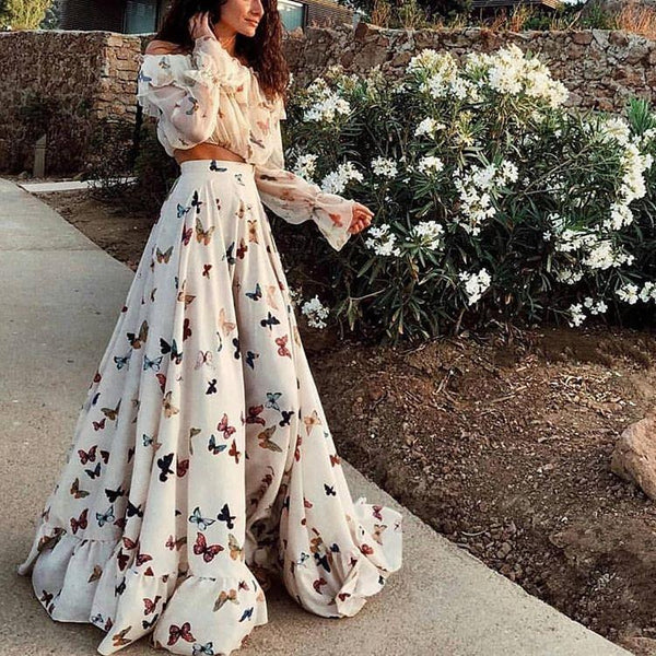 Butterfly Print Off Shoulder Long Sleeve Maxi Dress 2 Pieces Set