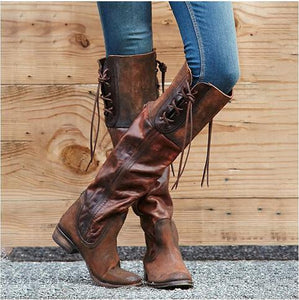 Vintage Chunky Heels Luce-up Knee High Boots