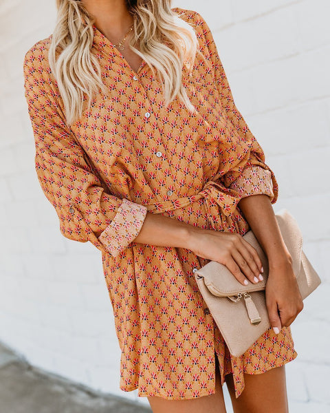 Print Long Sleeve Belted Boho Mini Dress