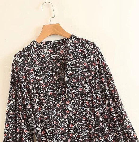 Bohemian ethnic style V-neck large swing dress cotton print retro dress